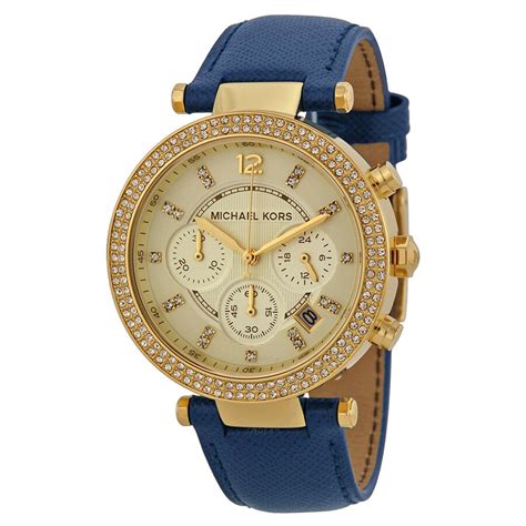 Michael Kors Parker Ladies Gold Blue Leather Watch & Box 